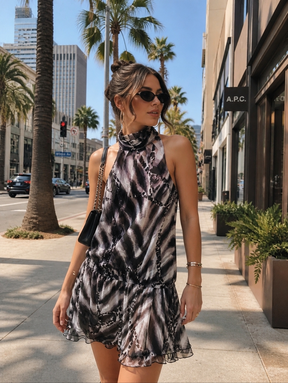 VENUS Black and Gray Halter-Style Mini Dress